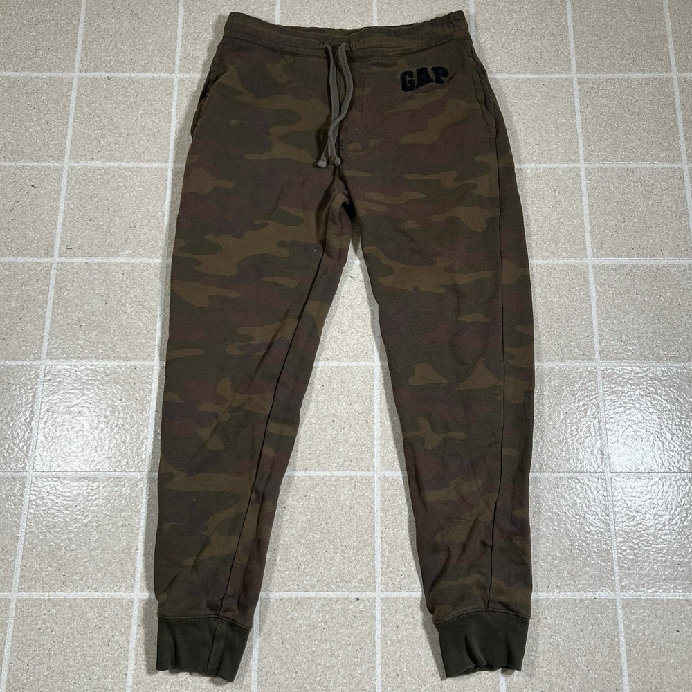 GAP Sweatpants Mens Small Brown Camo Fleece Drawstring Joggers Tapered Logo